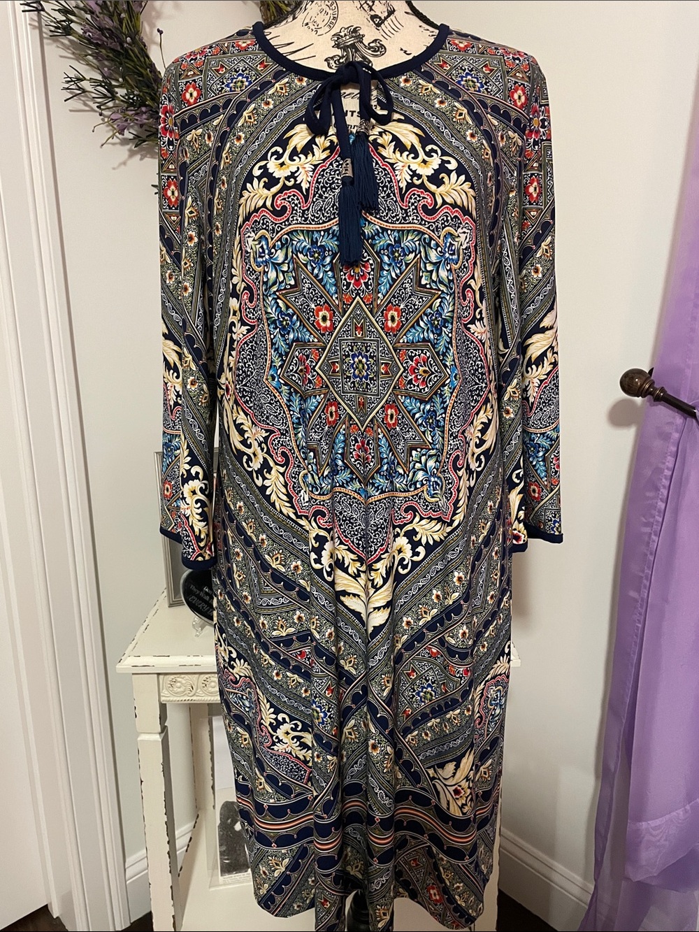 Navy Multicolor Paisley Tie-Neck Women’s Dress  Size PL